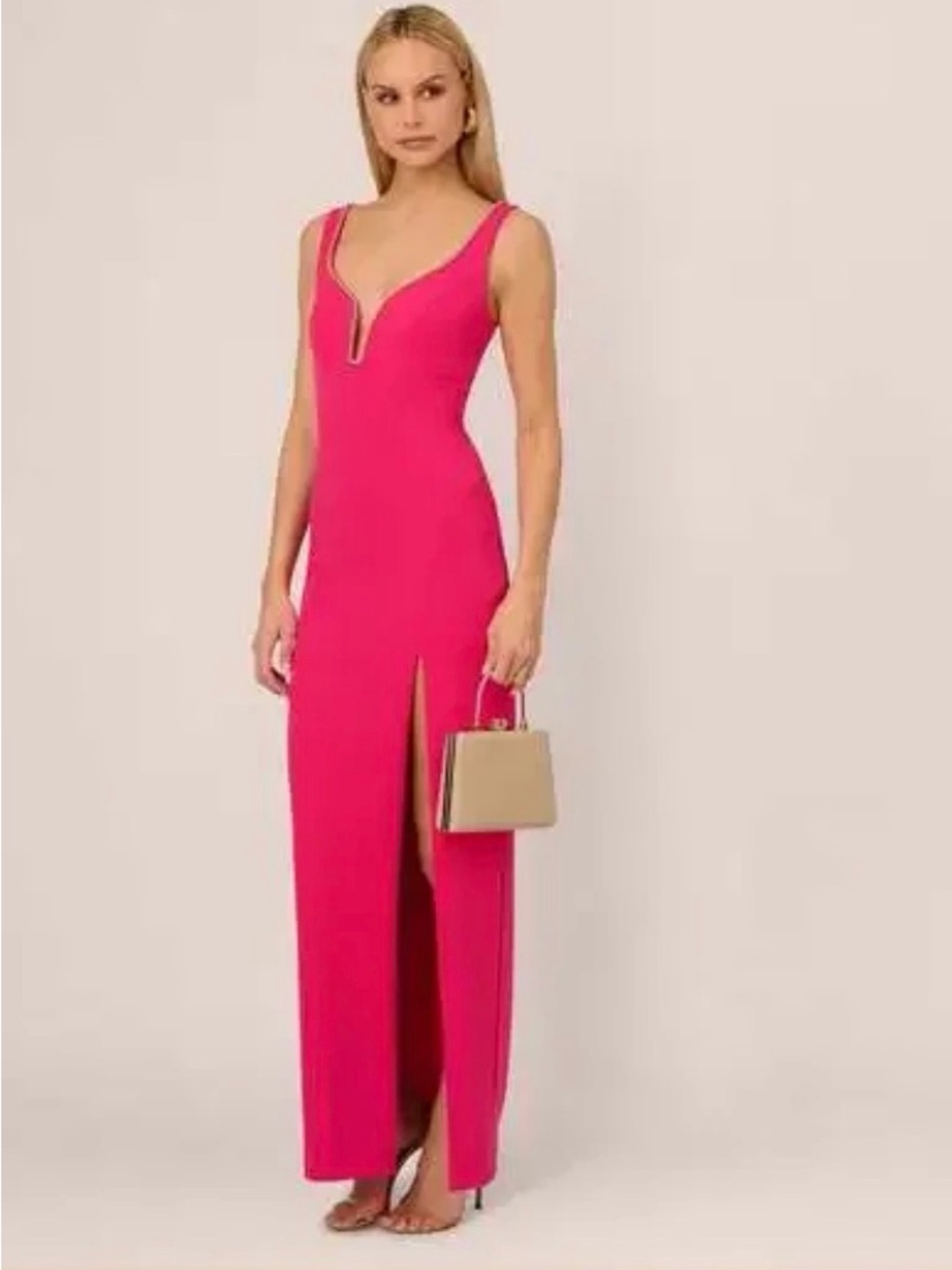 Adrianna Papell Pink V-Neck Sleeveless Maxi Dress with Front Slit